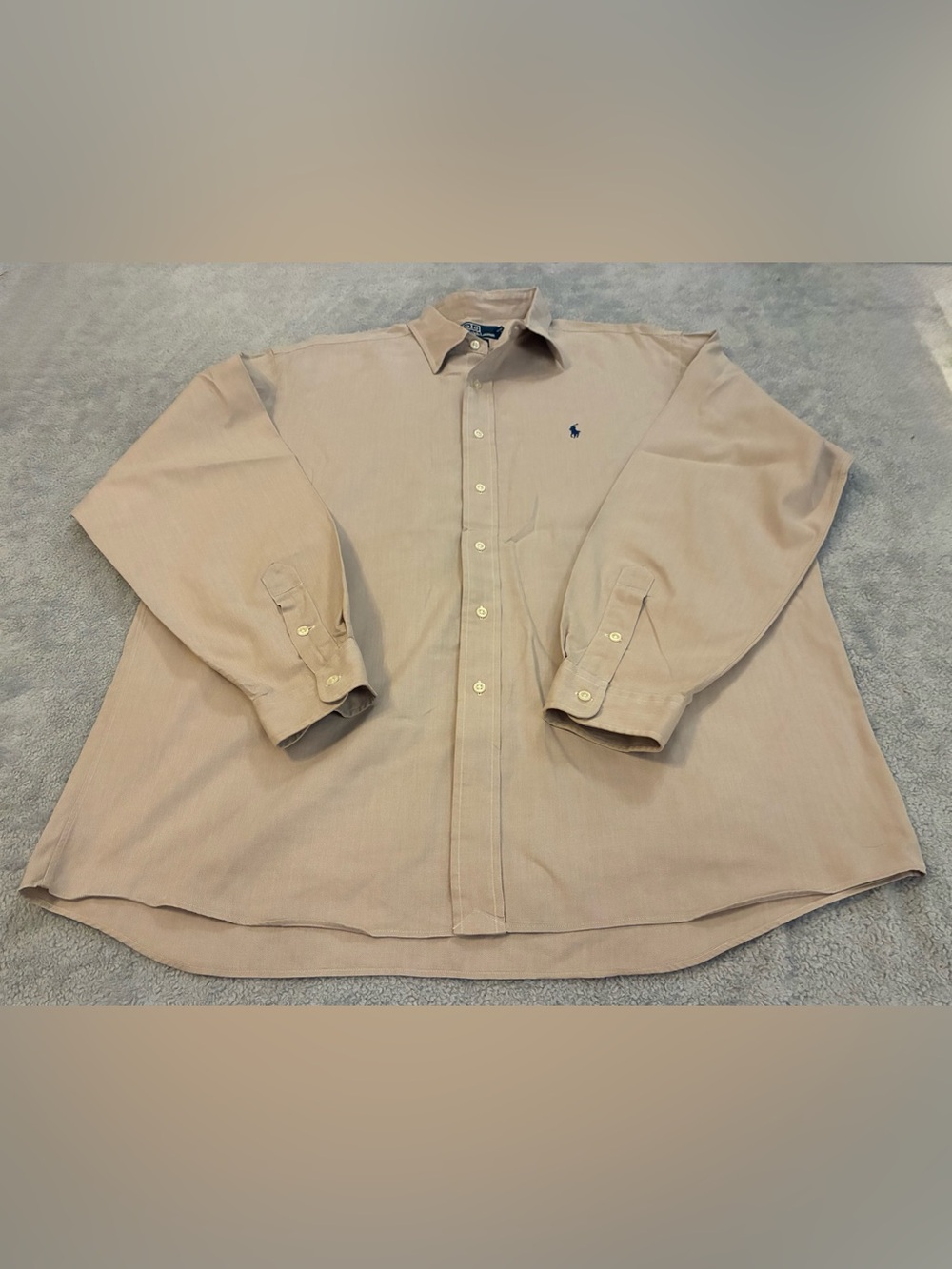 Men’s Vintage Ralph Lauren Long-Sleeve Button-Down Shirt Beige/Navy Pony Size XL